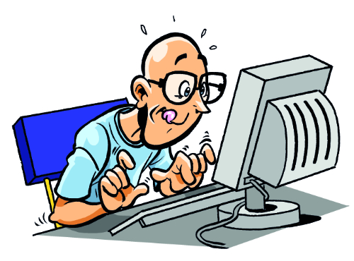 Stripfiguur zit achter de computer